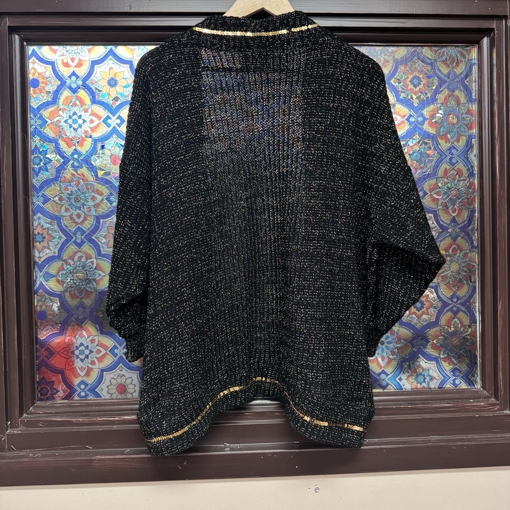Designer‎ Knit USA Sweater Womens Medium Cardigan Black Open Front Sequin Knit - Picture 5 of 6